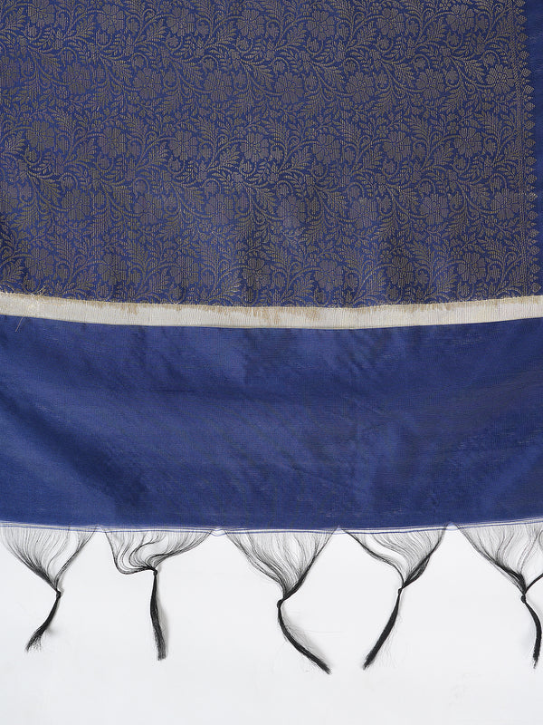 Blue Banarasi Silk Dupatta with All-Over Woven Floral Zari Jaal (Size: 2.5x1 m Approx)