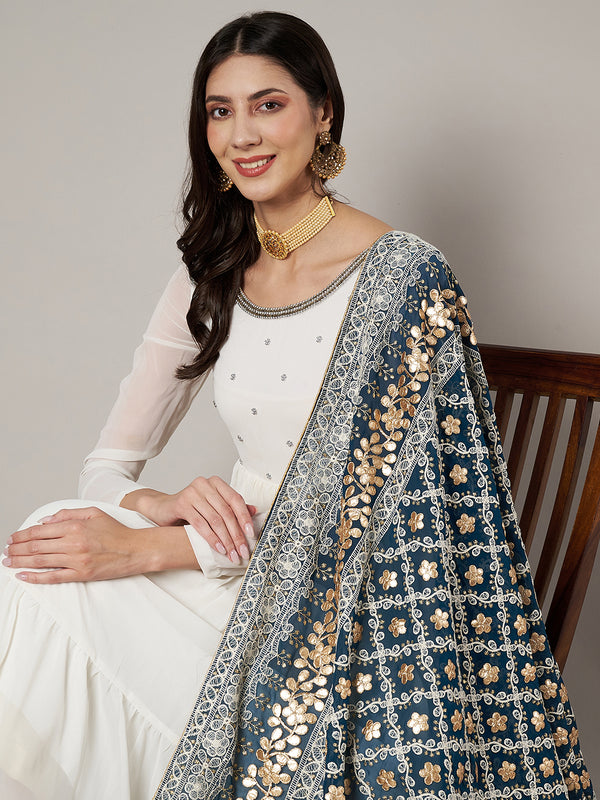 Bottle Green Georgette Dupatta with Gold Foil Booti & Lace Border (Size: 2.5x1 m Approx)