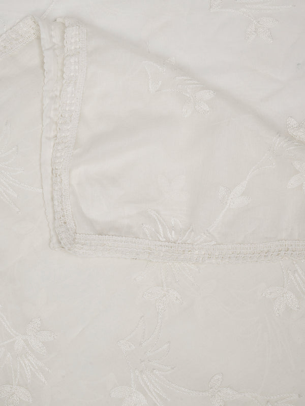 Soft White Dupatta with Cotton Thread Floral Embroidery & Lace Border (Size: 2.5x1 m Approx)