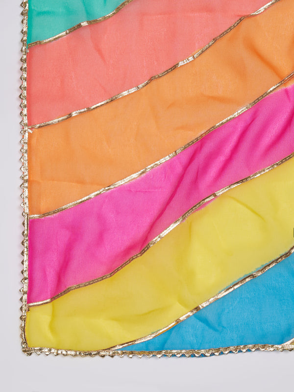 Multicolor Striped Chiffon Dupatta with Gota Lace Detailing (Size: 2.5x1 m Approx)