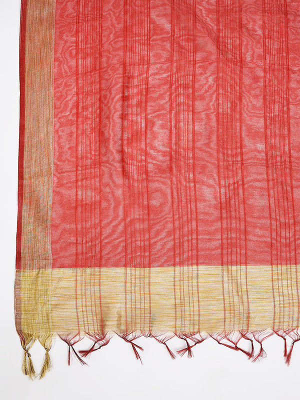 Coral Red Chanderi Silk Dupatta with Gold Border & Tassels (Size: 2.5x1 m Approx)