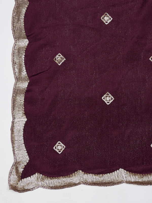 Wine Chiffon Dupatta with Gold Motif Embellishment & Scalloped Border (Size: 2.5x1 m Approx)