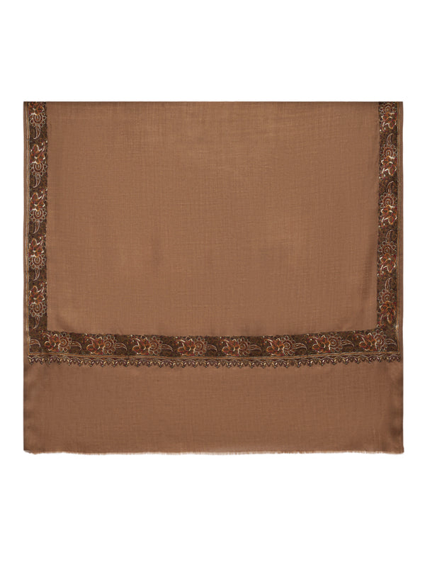 Woolen Women Shawl in Brown with Embroidered Traditional Border (80 x 40 Inches)