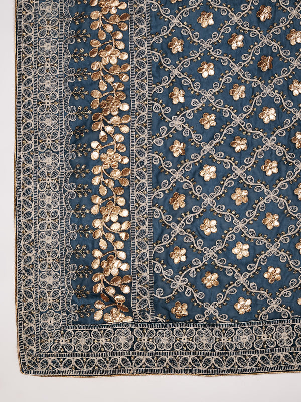 Bottle Green Georgette Dupatta with Gold Foil Booti & Lace Border (Size: 2.5x1 m Approx)