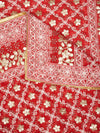 Red Georgette Dupatta with Gold Foil Booti & Lace Border (Size: 2.5x1 m Approx)