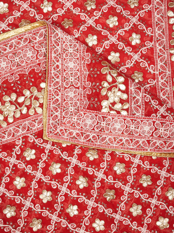 Red Georgette Dupatta with Gold Foil Booti & Lace Border (Size: 2.5x1 m Approx)