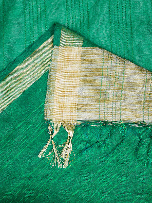 Green Chanderi Silk Dupatta with Gold Border & Tassels (Size: 2.5x1 m Approx)