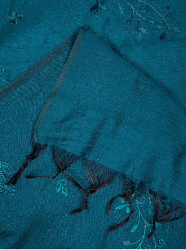 Blue Chanderi Cotton Dupatta with Subtle Floral Embroidery (Size: 2.5x1 m Approx)