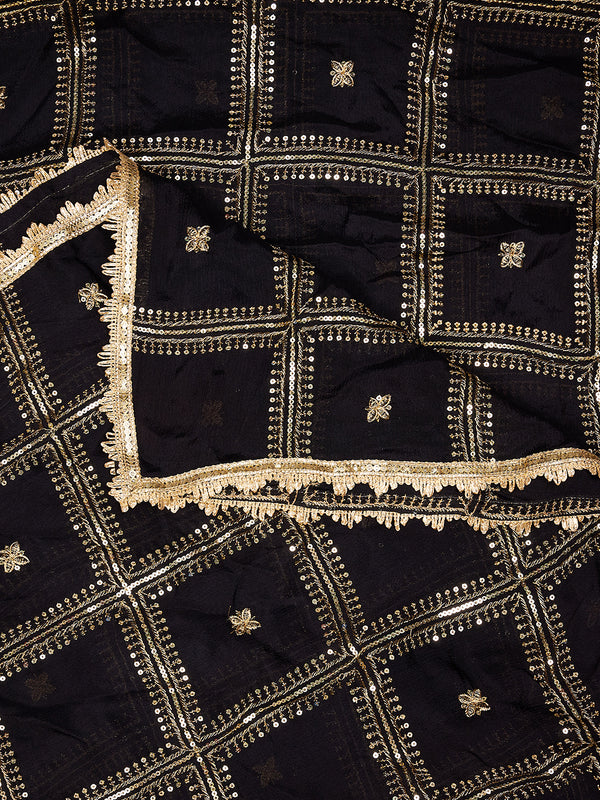 Black Chinon Dupatta with Gold Grid Embellishment (Size: 2.5x1 m Approx)