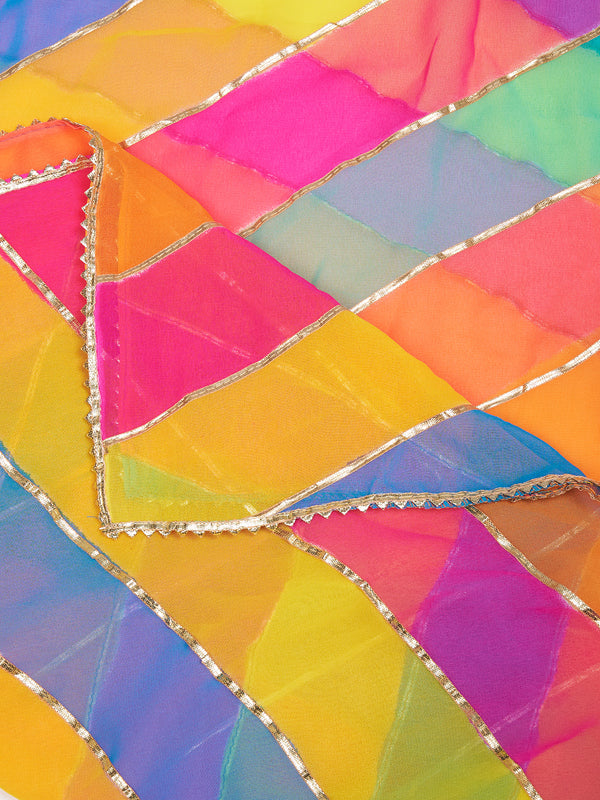 Multicolor Striped Chiffon Dupatta with Gota Lace Detailing (Size: 2.5x1 m Approx)