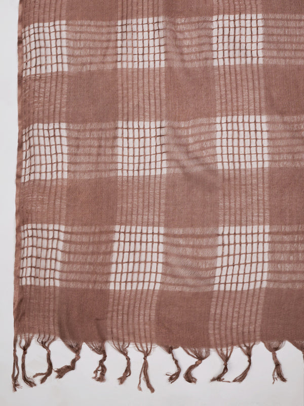 Brown Cotton Woven Check Dupatta with Tassel Detailing (Size: 2.5x1 m Approx)