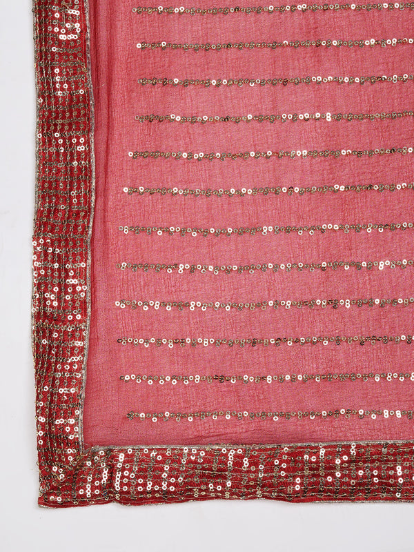 Maroon Chinon Dupatta with Gold Stripe Sequin Work & Gota Border (Size: 2.5x1 m Approx)