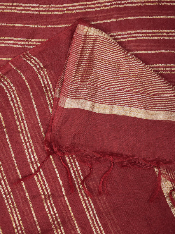Red & Olive Cotton Dupatta with Subtle Striped Weave and Woven Border (Size: 2.5x1 m Approx)