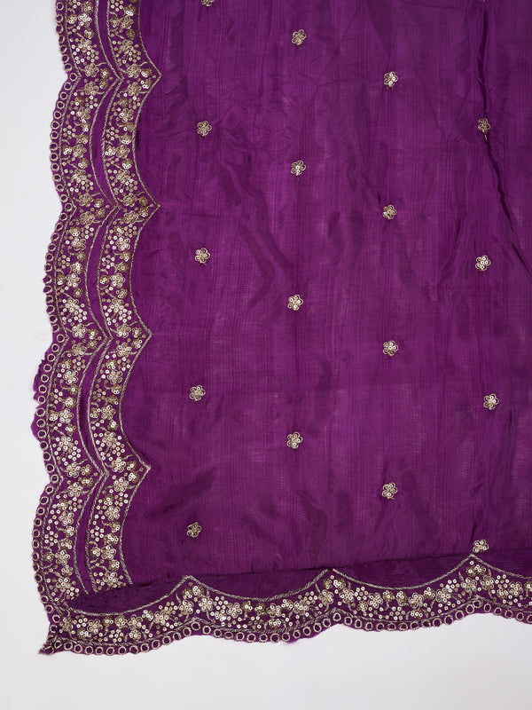 Purple Chinon Dupatta with Scalloped Embroidered Border & Sequin Motifs (Size: 2.5x1 m Approx)