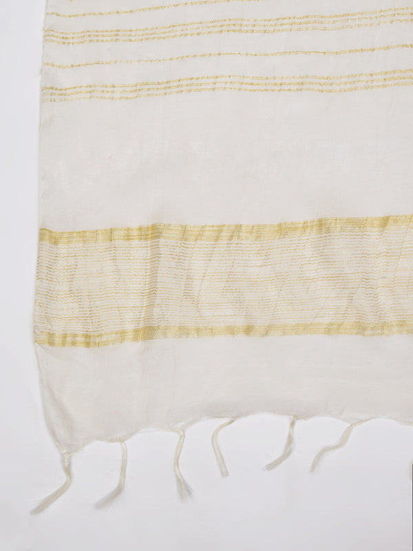 White & Olive Cotton Dupatta with Subtle Striped Weave and Woven Border (Size: 2.5x1 m Approx)