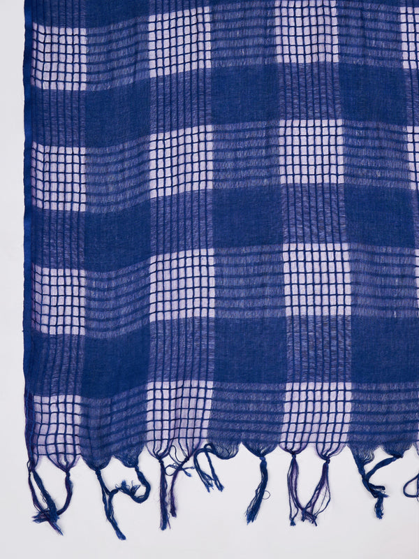 Blue Cotton Woven Check Dupatta with Tassel Detailing (Size: 2.5x1 m Approx)