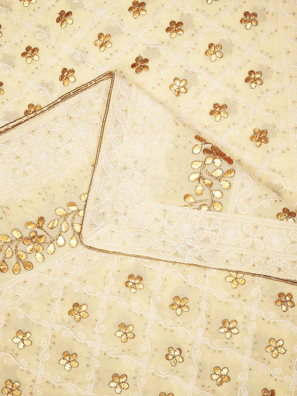 Ivory Georgette Dupatta with Gold Foil Booti & Lace Border (Size: 2.5x1 m Approx)