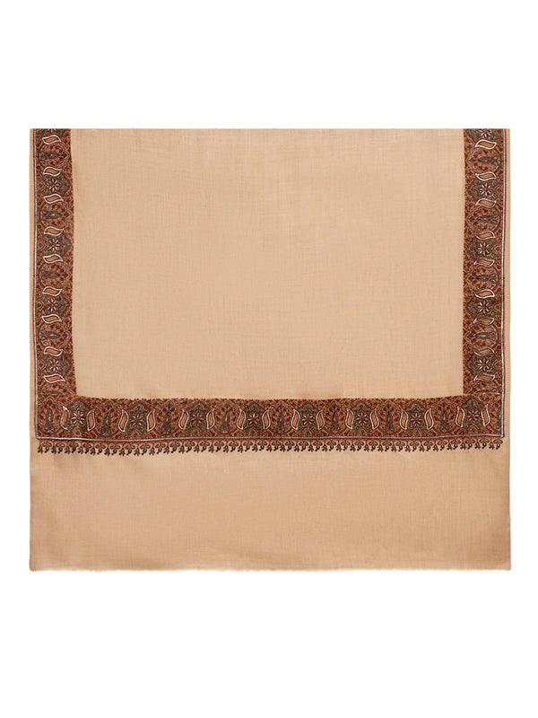 Woolen Women Shawl in Warm Beige with Intricate Traditional Embroidered Border (80 x 40 Inches)