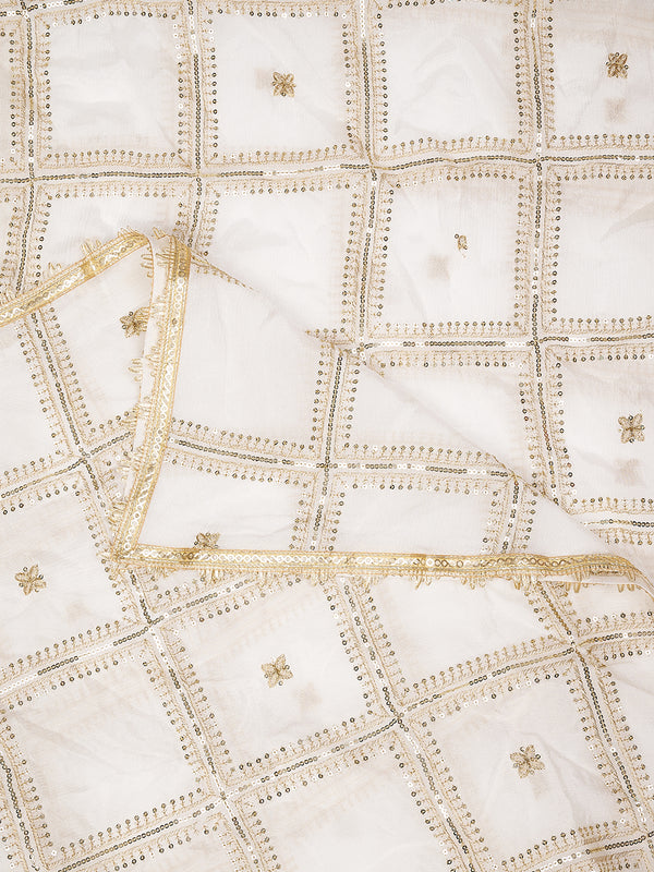 Ivory Chinon Dupatta with Gold Grid Embellishment (Size: 2.5x1 m Approx)