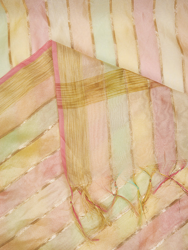 Multicolor Chanderi Silk Dupatta with Gold Zari Stripes (Size: 2.5x1 m Approx)