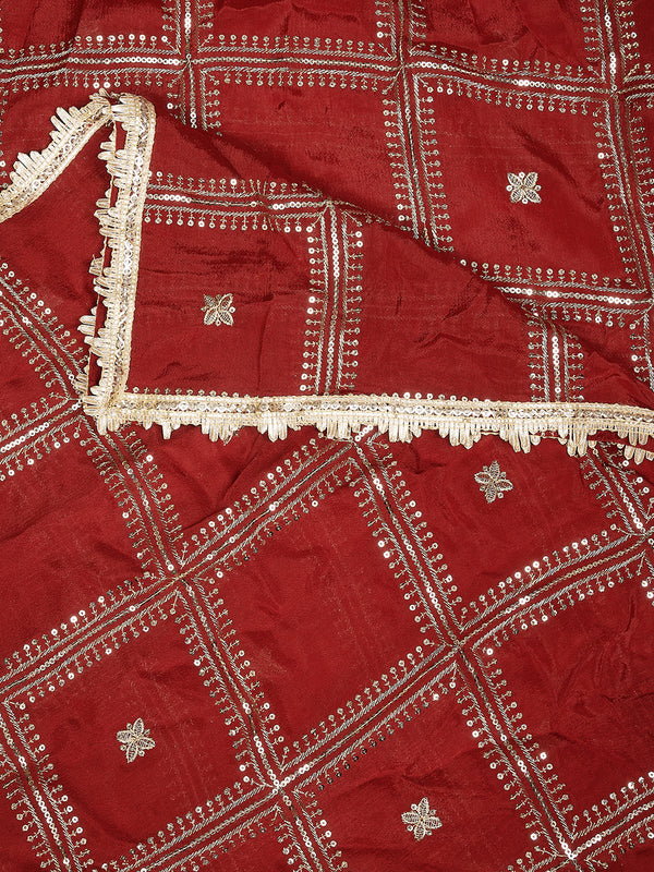Red Chinon Dupatta with Gold Grid Embellishment (Size: 2.5x1 m Approx)