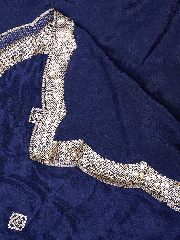 Blue Chiffon Dupatta with Gold Motif Embellishment & Scalloped Border (Size: 2.5x1 m Approx)