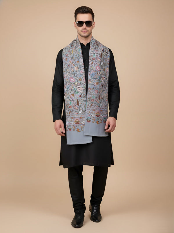 Bamboo Silk Grey Kashmiri Mens Stole with Classic Paisley Weave | Elegant Ethnic Accessory | 80×28 Inches