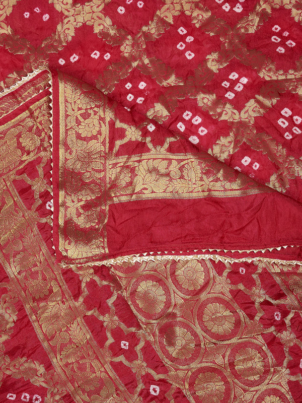 Red Silk Gharchola Bandhej Dupatta with Gold Zari Border (Size: 2.5x1 m Approx)
