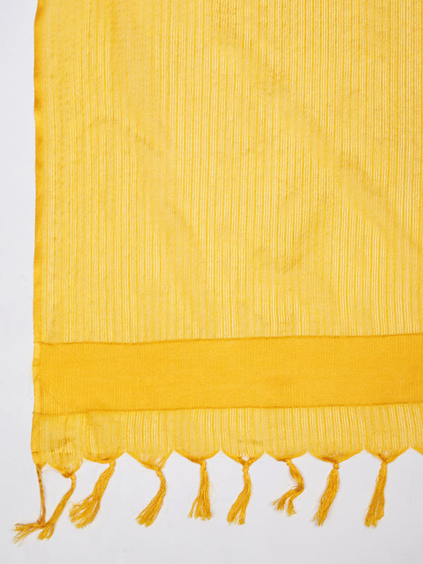 Elegant Yellow Cotton Dupatta with Subtle Woven Stripes & Tassel Detailing (Size: 2.5x1 m Approx)