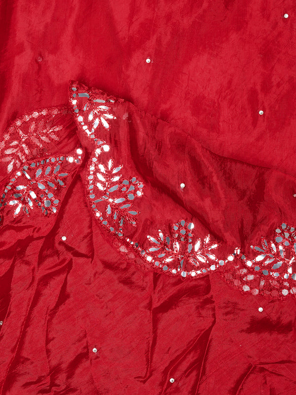 Red Silk Dupatta with Scalloped Cutwork Border & Sequin Highlights (Size: 2.5x1 m Approx)
