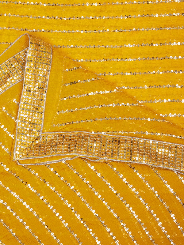 Yellow Chinon Dupatta with Gold Stripe Sequin Work & Gota Border (Size: 2.5x1 m Approx)