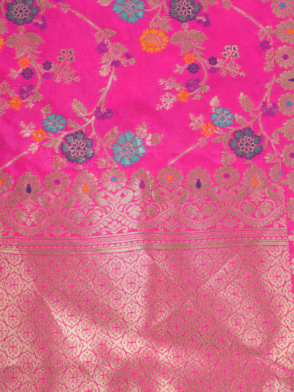 Rani Paithani Silk Dupatta with Multicolour Floral Zari Weave (Size: 2.5x1 m Approx)