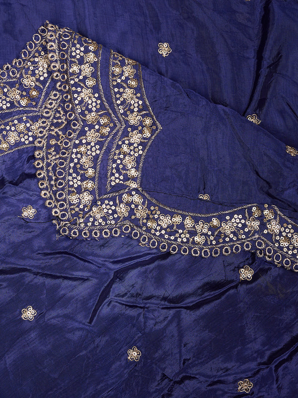 Blue Chinon Dupatta with Scalloped Embroidered Border & Sequin Motifs (Size: 2.5x1 m Approx)
