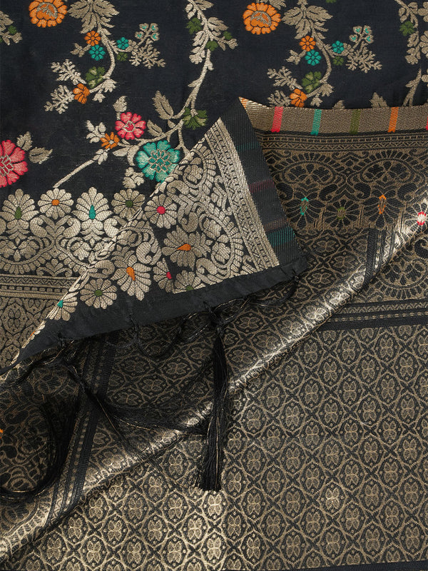 Black Paithani Silk Dupatta with Multicolour Floral Zari Weave (Size: 2.5x1 m Approx)