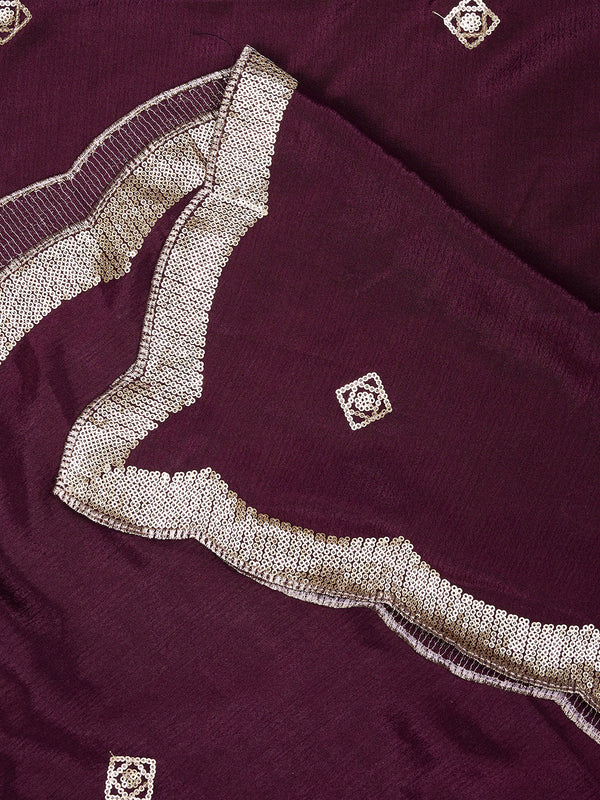 Wine Chiffon Dupatta with Gold Motif Embellishment & Scalloped Border (Size: 2.5x1 m Approx)