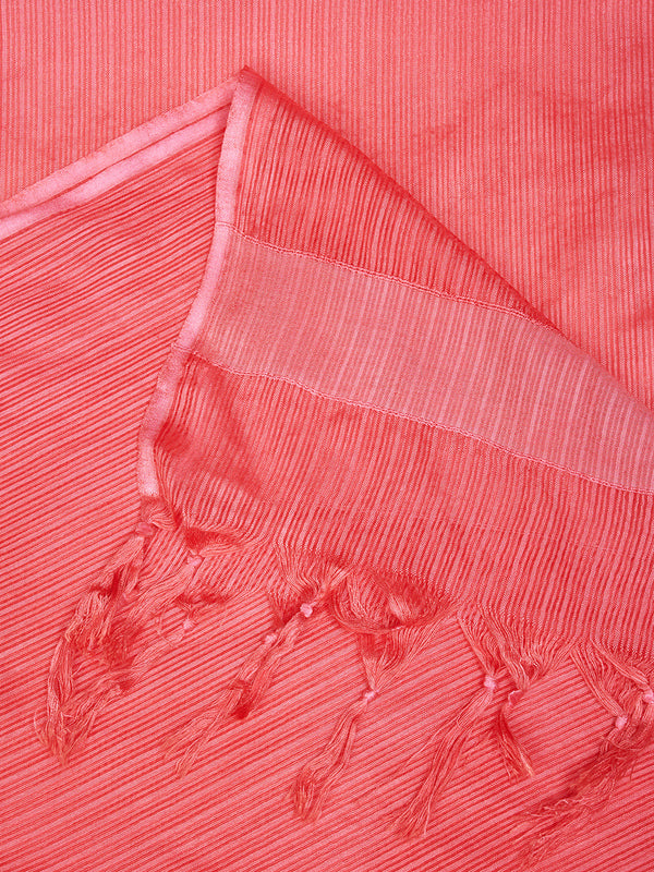 Elegant Peach Cotton Dupatta with Subtle Woven Stripes & Tassel Detailing (Size: 2.5x1 m Approx)