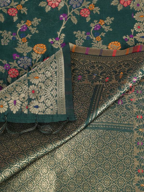 Bottle Green Paithani Silk Dupatta with Multicolour Floral Zari Weave (Size: 2.5x1 m Approx)