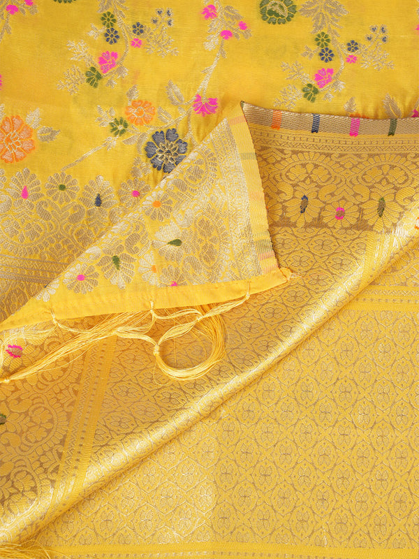 Yellow Paithani Silk Dupatta with Multicolour Floral Zari Weave (Size: 2.5x1 m Approx)