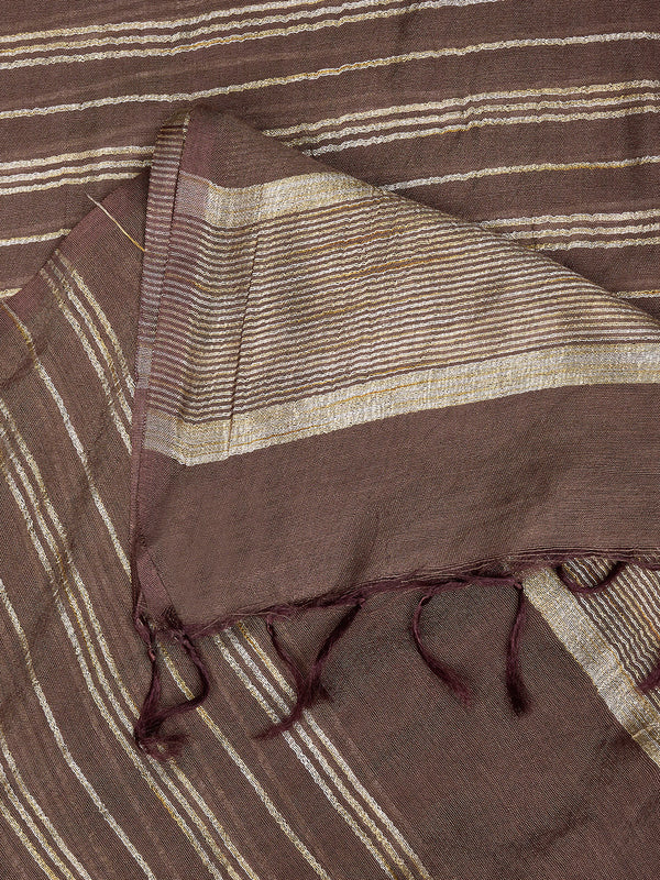 Brown & Olive Cotton Dupatta with Subtle Striped Weave and Woven Border (Size: 2.5x1 m Approx)