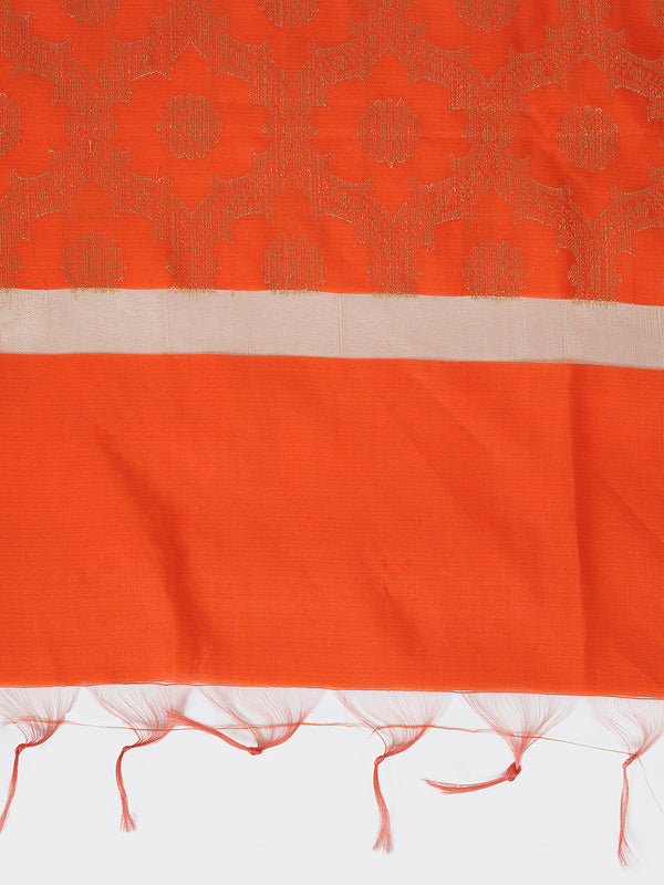 Orange Banarasi Silk Dupatta with Elegant Woven Floral Jaal (Size: 2.5x1 m Approx)