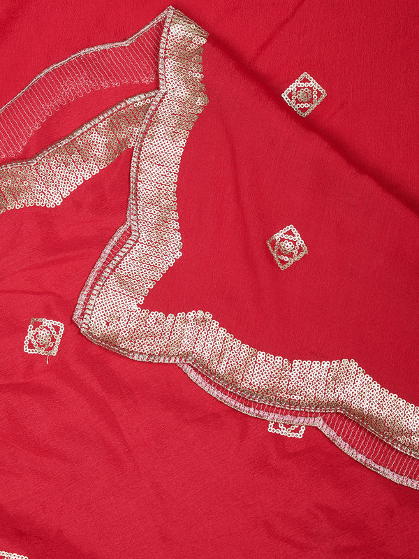 Red Chiffon Dupatta with Gold Motif Embellishment & Scalloped Border (Size: 2.5x1 m Approx)