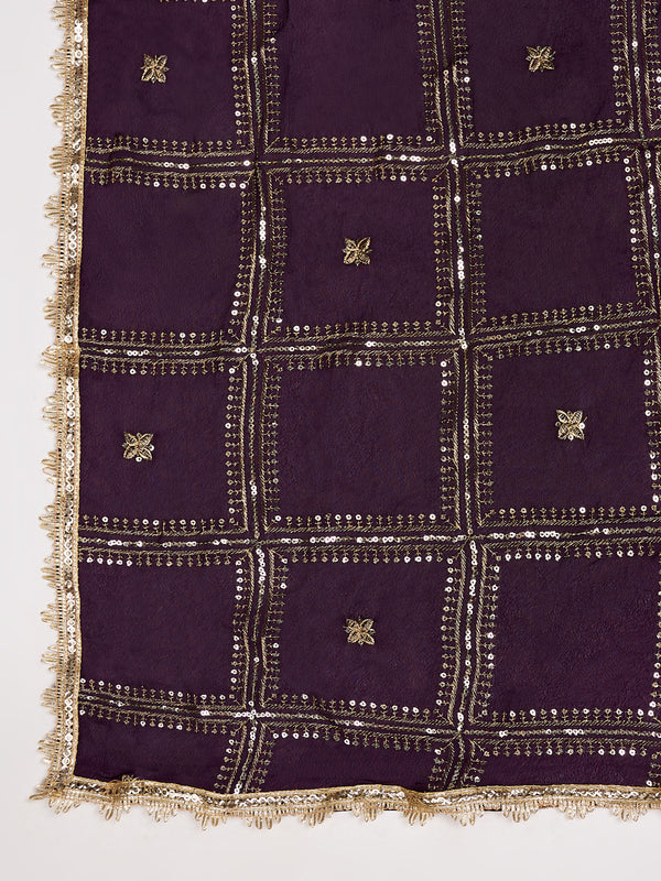 Purple Chinon Dupatta with Gold Grid Embellishment (Size: 2.5x1 m Approx)