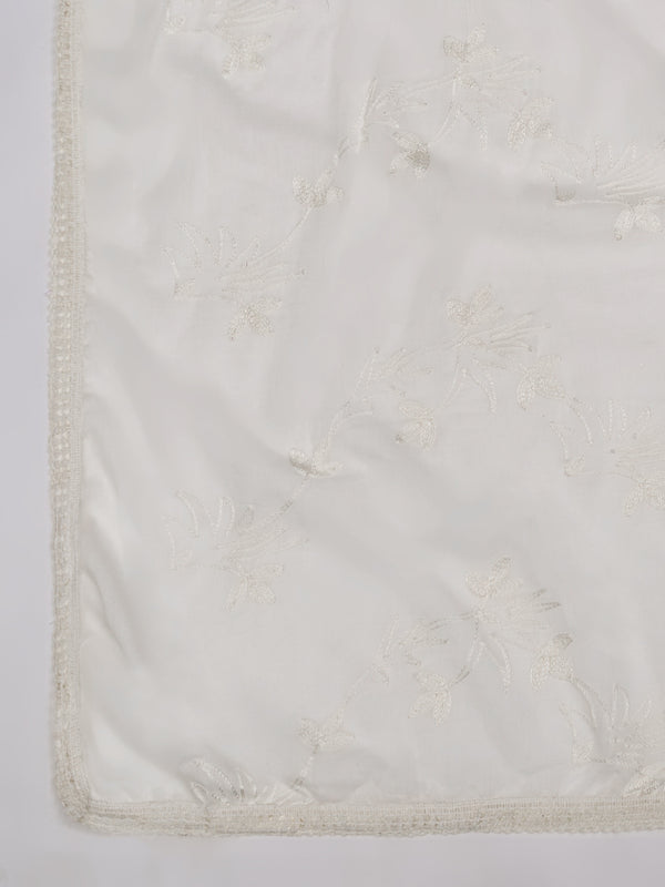 Soft White Dupatta with Cotton Thread Floral Embroidery & Lace Border (Size: 2.5x1 m Approx)