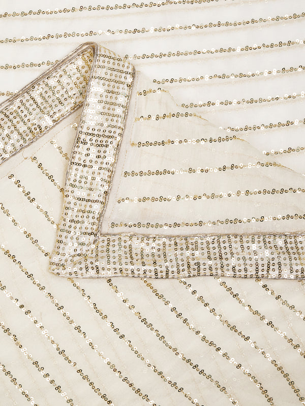Ivory Chinon Dupatta with Gold Stripe Sequin Work & Gota Border (Size: 2.5x1 m Approx)