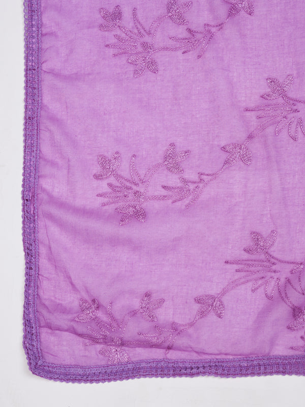 Soft Purple Dupatta with Cotton Thread Floral Embroidery & Lace Border (Size: 2.5x1 m Approx)