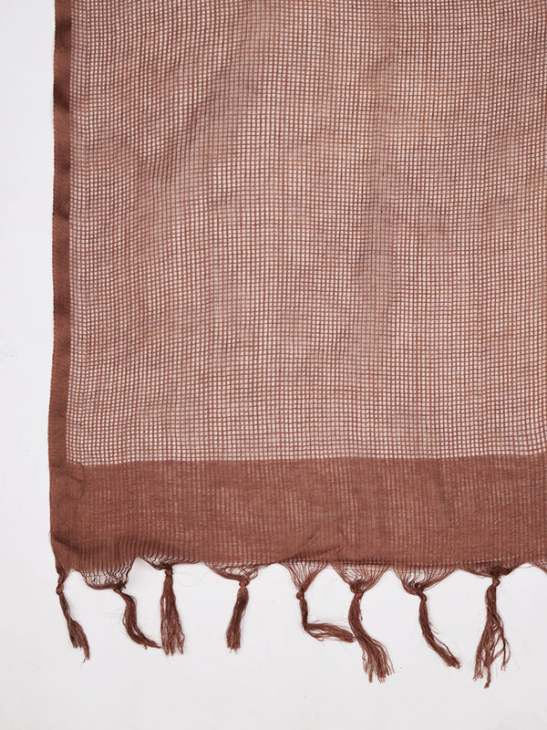 Brown Sheer Handwoven Cotton Dupatta with Tassel Finish (Size: 2.5x1 m Approx)