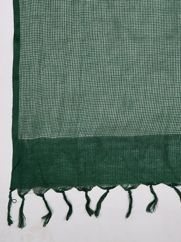 Bottle Green Sheer Handwoven Cotton Dupatta with Tassel Finish (Size: 2.5x1 m Approx)