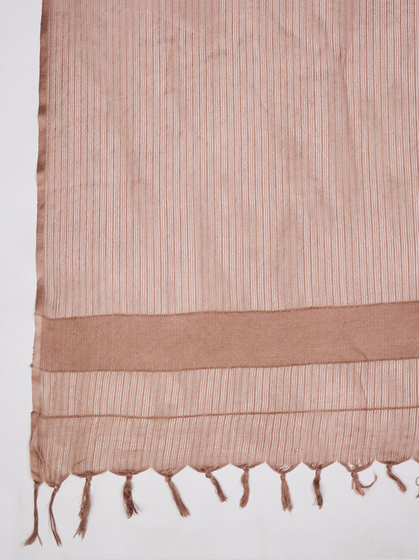 Elegant Light Brown Cotton Dupatta with Subtle Woven Stripes & Tassel Detailing (Size: 2.5x1 m Approx)