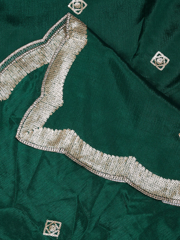 Bottle Green Chiffon Dupatta with Gold Motif Embellishment & Scalloped Border (Size: 2.5x1 m Approx)