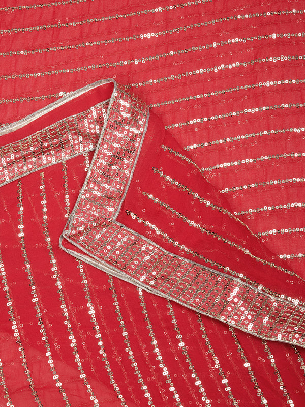 Red Chinon Dupatta with Gold Stripe Sequin Work & Gota Border (Size: 2.5x1 m Approx)